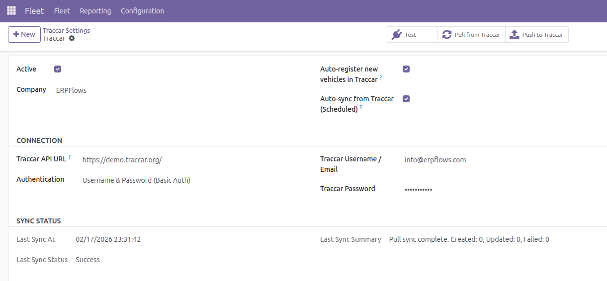 Fleet Traccar configuration and sync controls